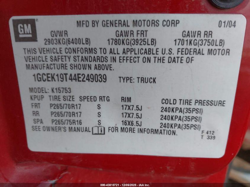 2004 Chevrolet Silverado 1500 Z71 VIN: 1GCEK19T44E249039 Lot: 43810721