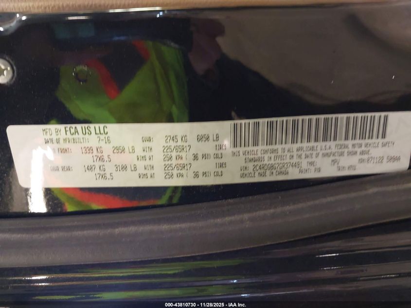 2016 Dodge Grand Caravan Se VIN: 2C4RDGBG7GR374491 Lot: 43810730