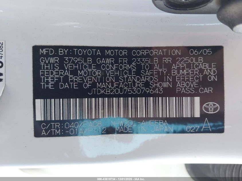 2005 Toyota Prius VIN: JTDKB20U753079643 Lot: 43810734