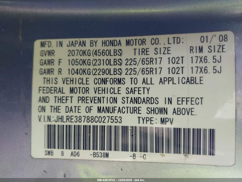 2008 Honda Cr-V Ex-L VIN: JHLRE38788C027553 Lot: 43810741