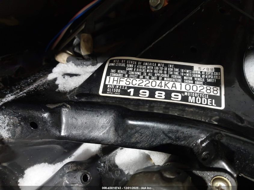 1989 Honda Gl1500 VIN: 1HFSC2204KA100288 Lot: 43810743