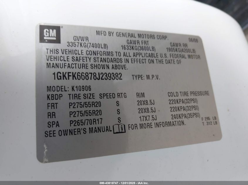 2008 GMC Yukon Xl 1500 Denali VIN: 1GKFK66878J239382 Lot: 43810747