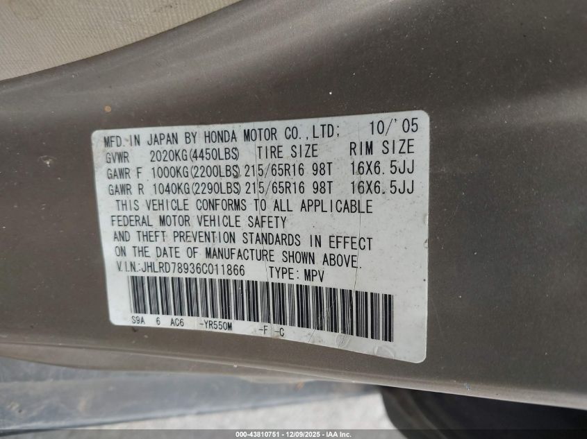 2006 Honda Cr-V Se VIN: JHLRD78936C011866 Lot: 43810751