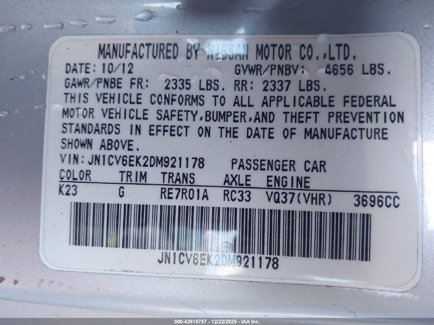 2013 Infiniti G37 Journey VIN: JN1CV6EK2DM921178 Lot: 43810757