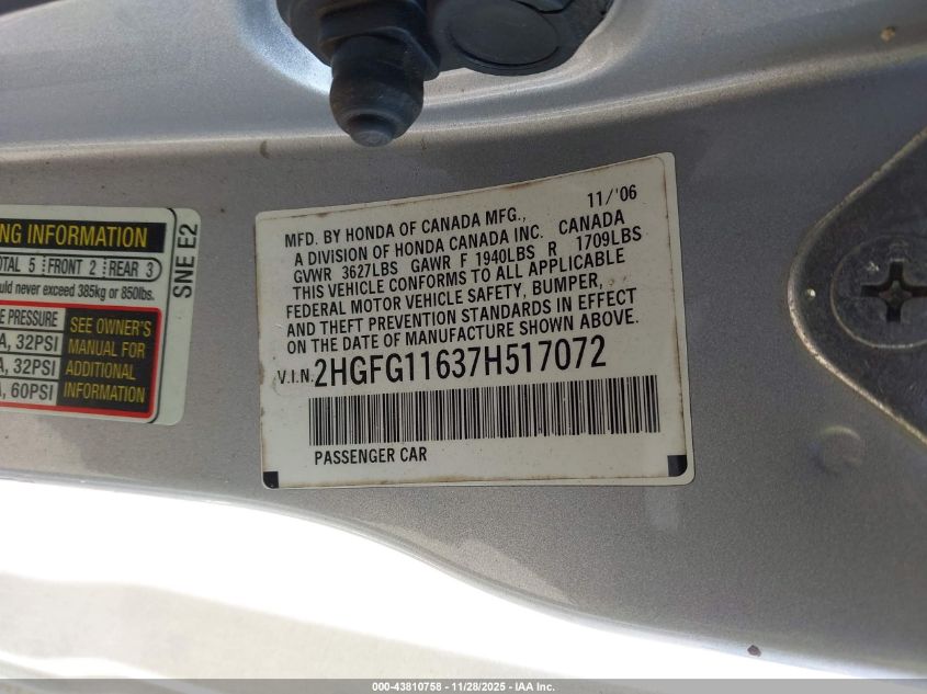 2007 Honda Civic Lx VIN: 2HGFG11637H517072 Lot: 43810758