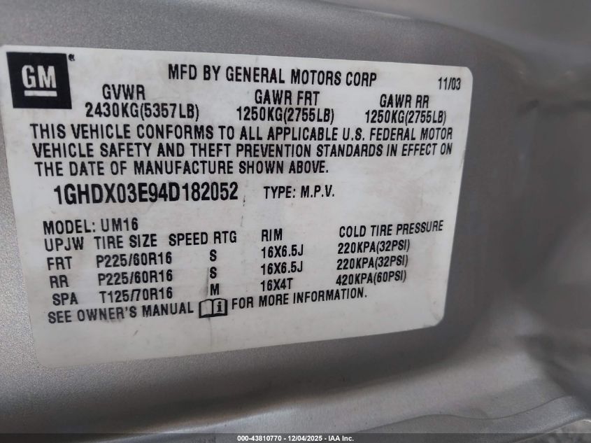 2004 Oldsmobile Silhouette Gls VIN: 1GHDX03E94D182052 Lot: 43810770