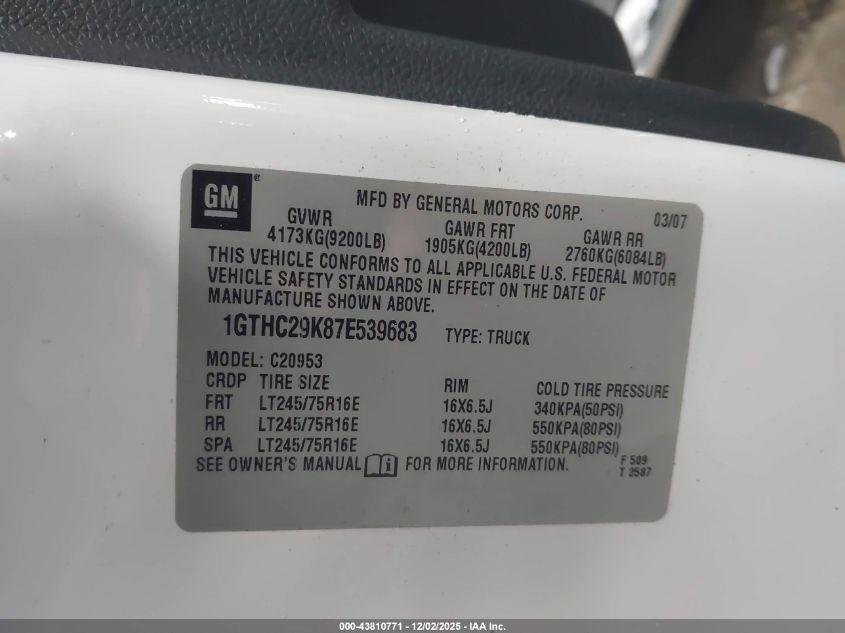 2007 GMC Sierra 2500Hd Sle2 VIN: 1GTHC29K87E539683 Lot: 43810771