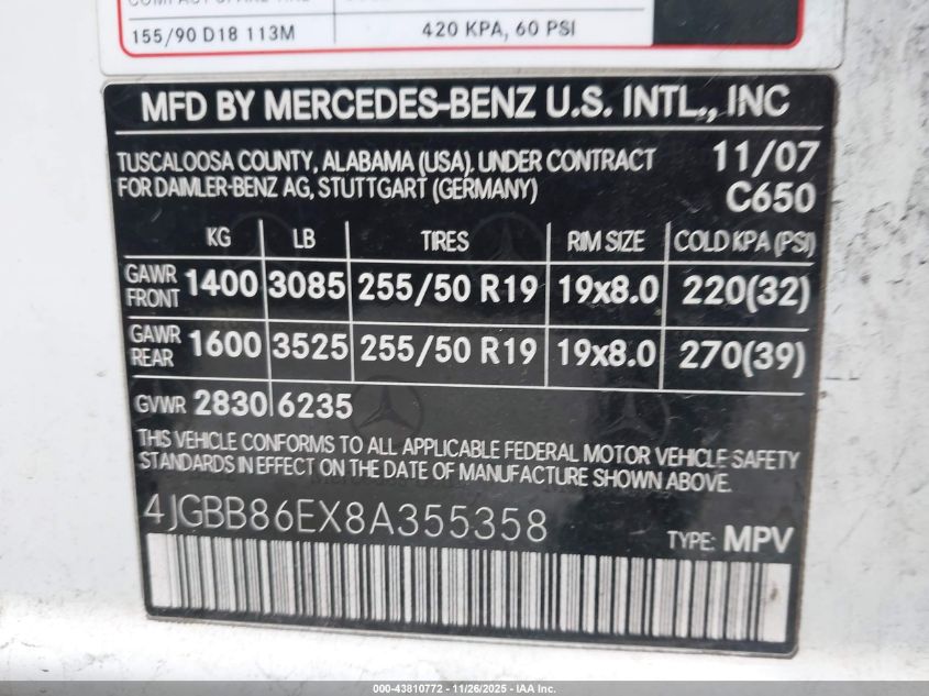 2008 Mercedes-Benz Ml 350 4Matic VIN: 4JGBB86EX8A355358 Lot: 43810772