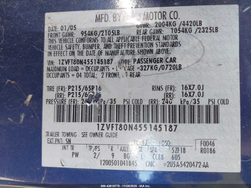 2005 Ford Mustang V6 Deluxe/V6 Premium VIN: 1ZVFT80N455145187 Lot: 43810779