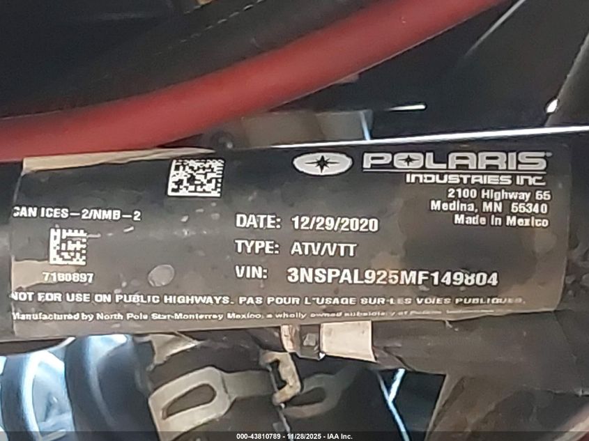 2021 Polaris Rzr Turbo S VIN: 3NSPAL925MF149804 Lot: 43810789