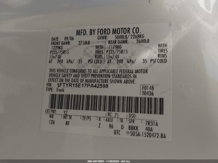 2007 Ford Ranger Fx4 Off-Road/Sport/Xl/Xlt VIN: 1FTYR15E17PA42598 Lot: 43810800