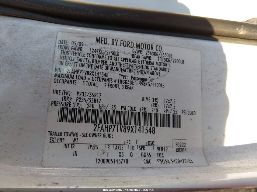 2009 Ford Crown Victoria Police/Police Interceptor VIN: 2FAHP71V89X141548 Lot: 43810807