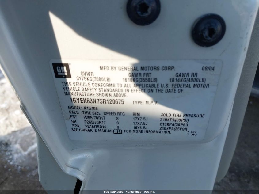 2005 Cadillac Escalade Standard VIN: 1GYEK63N75R120675 Lot: 43810809