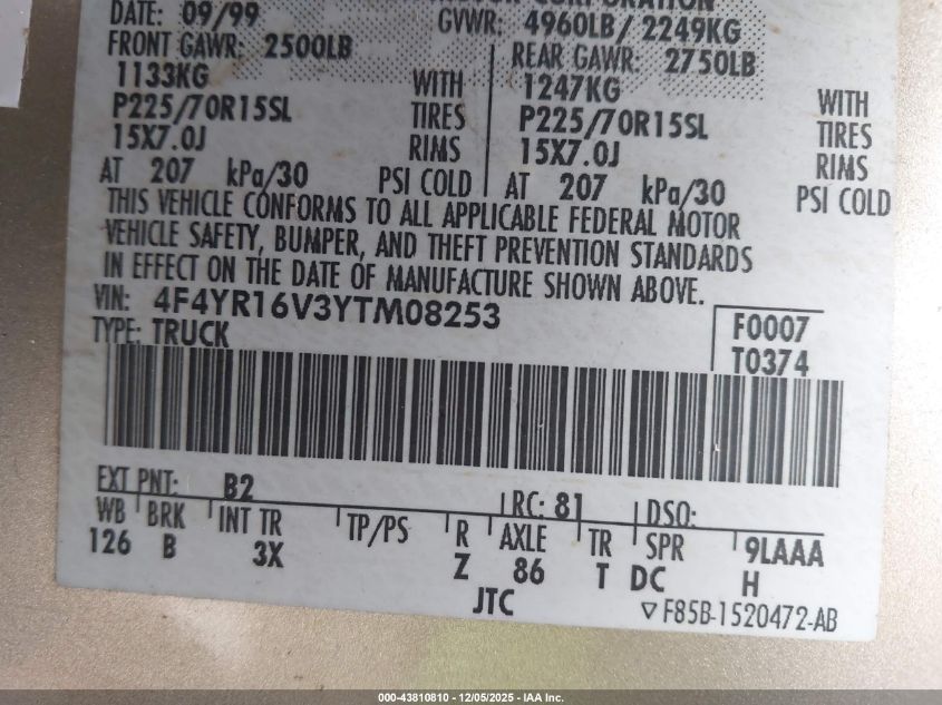 2000 Mazda B3000 Se/Tl VIN: 4F4YR16V3YTM08253 Lot: 43810810