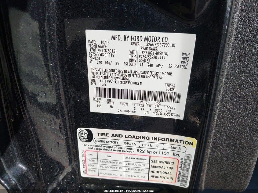 2013 Ford F-150 Fx4 VIN: 1FTFW1ET3DFE04625 Lot: 43810812