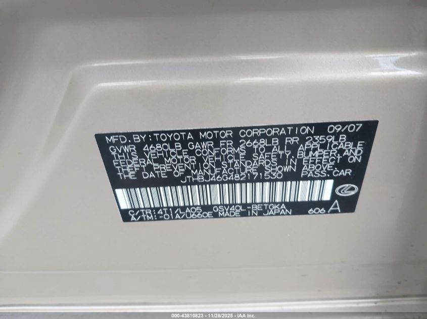 2008 Lexus Es 350 VIN: JTHBJ46G482171530 Lot: 43810823