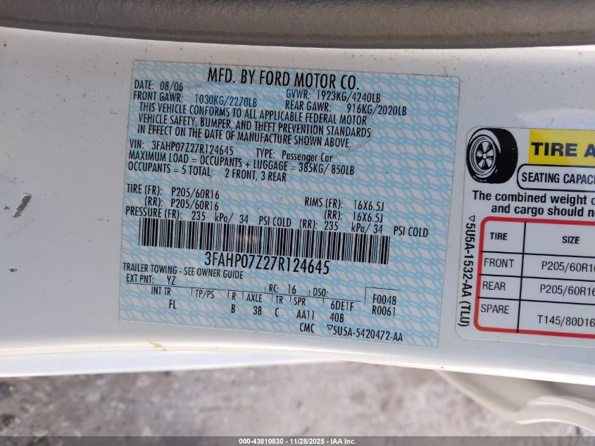 2007 Ford Fusion Se VIN: 3FAHP07Z27R124645 Lot: 43810830