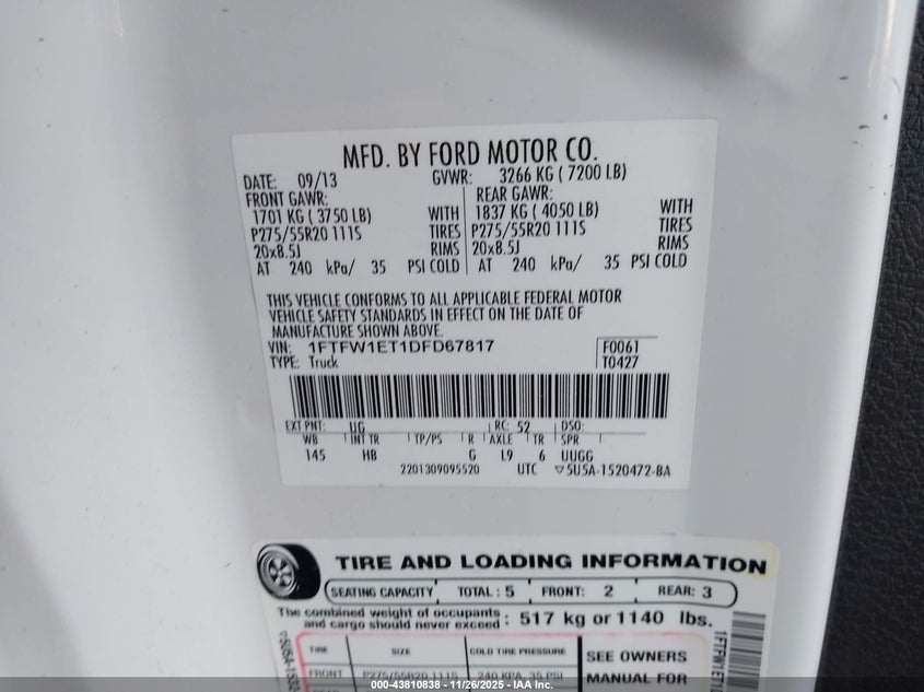 2013 Ford F-150 Lariat VIN: 1FTFW1ET1DFD67817 Lot: 43810838