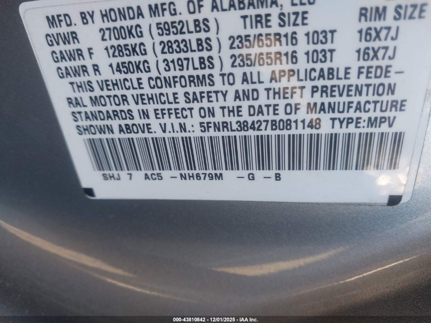 2007 Honda Odyssey Ex VIN: 5FNRL38427B081148 Lot: 43810842