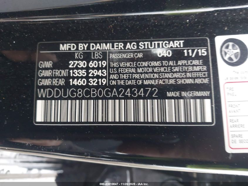 2016 Mercedes-Benz S 550 VIN: WDDUG8CB0GA243472 Lot: 43810847