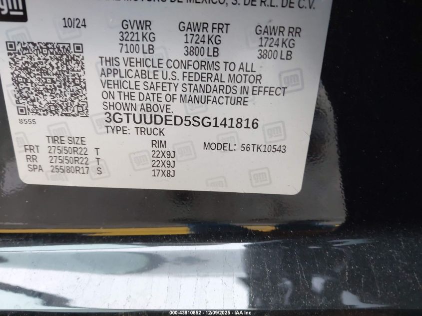 2025 GMC Sierra 1500 4Wd Short Box Slt VIN: 3GTUUDED5SG141816 Lot: 43810852