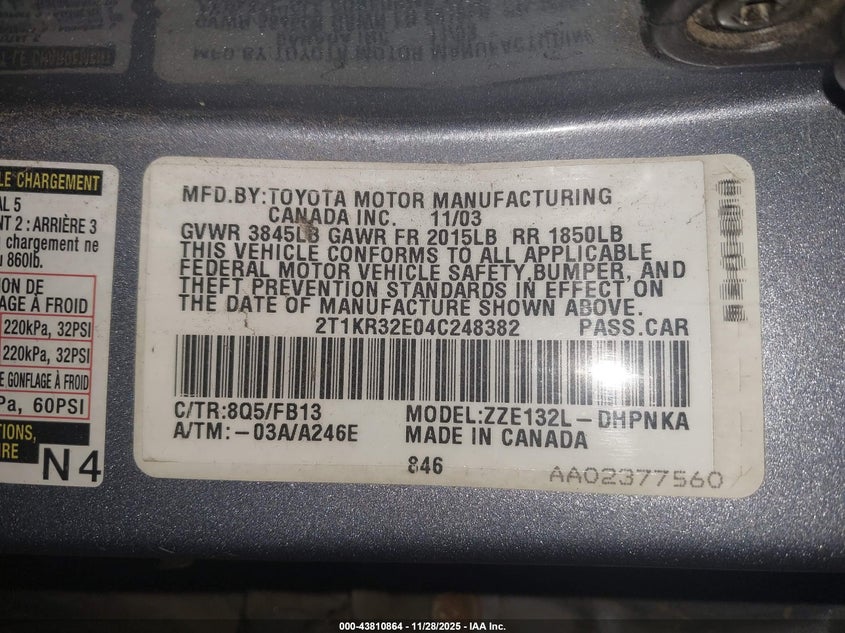 2004 Toyota Matrix Xr VIN: 2T1KR32E04C248382 Lot: 43810864