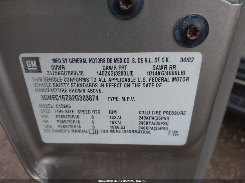 2002 Chevrolet Suburban 1500 Lt VIN: 3GNEC16Z92G303874 Lot: 43810866