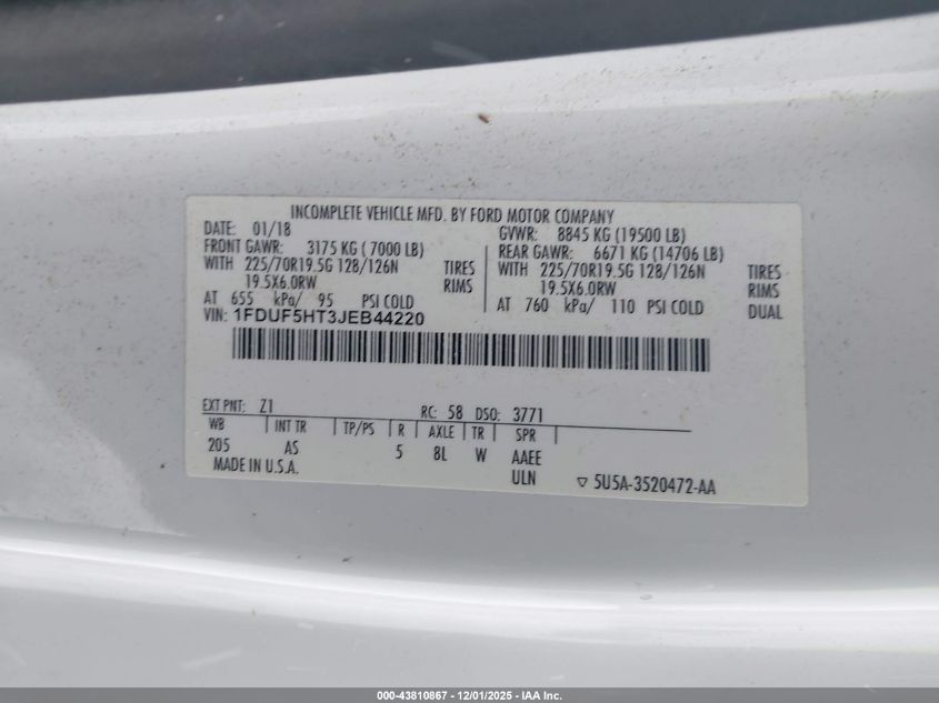 2018 Ford F-550 Chassis Xl VIN: 1FDUF5HT3JEB44220 Lot: 43810867