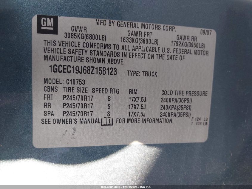 2008 Chevrolet Silverado 1500 Lt1 VIN: 1GCEC19J68Z158123 Lot: 43810890