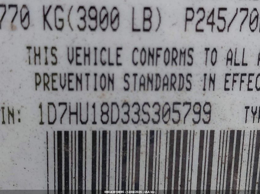 2003 Dodge Ram 1500 Slt/Laramie/St VIN: 1D7HU18D33S305799 Lot: 43810895