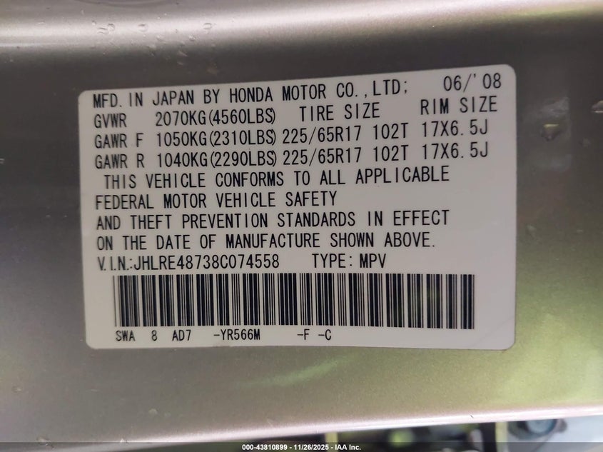 2008 Honda Cr-V Ex-L VIN: JHLRE48738C074558 Lot: 43810899