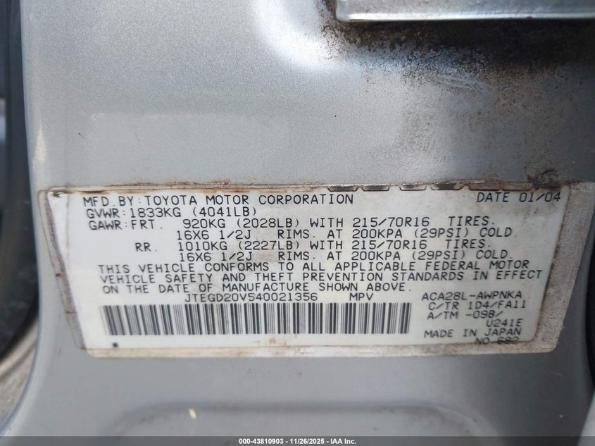 2004 Toyota Rav4 VIN: JTEGD20V540021356 Lot: 43810903