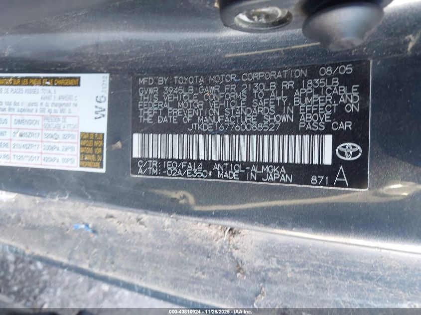 2006 Scion Tc VIN: JTKDE167760088527 Lot: 43810924