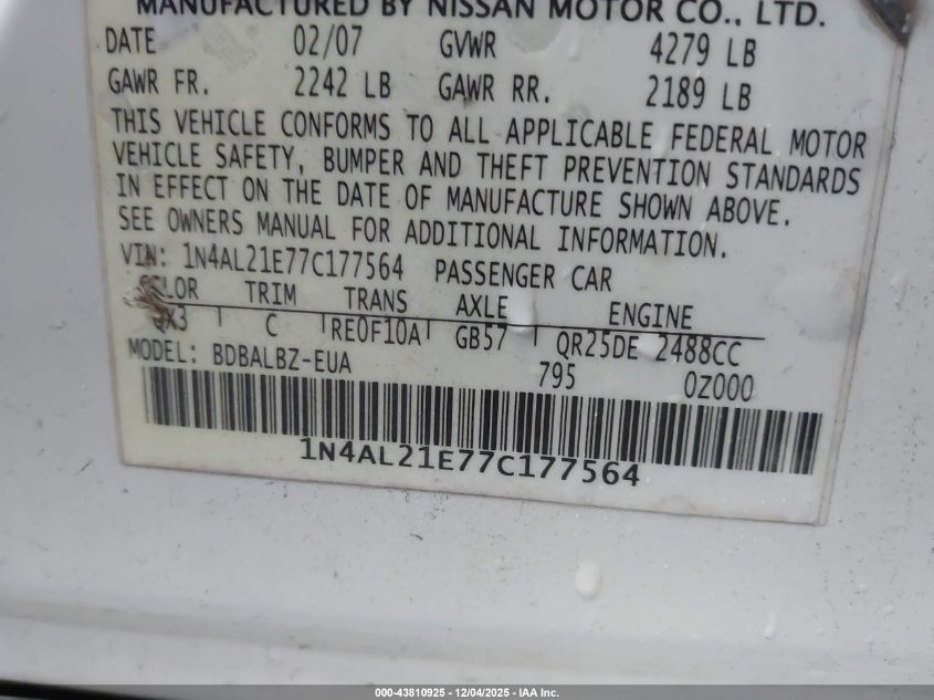2007 Nissan Altima 2.5 S VIN: 1N4AL21E77C177564 Lot: 43810925