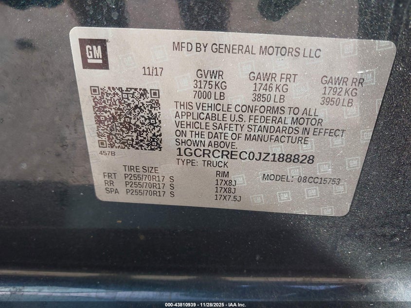 2018 Chevrolet Silverado 1500 1Lt VIN: 1GCRCREC0JZ188828 Lot: 43810939