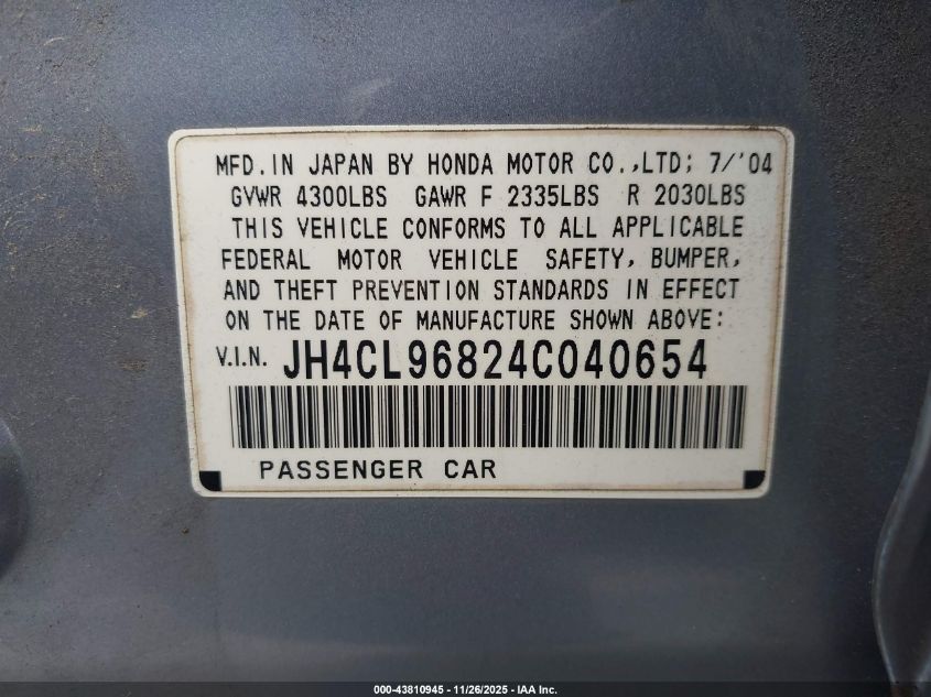 2004 Acura Tsx VIN: JH4CL96824C040654 Lot: 43810945