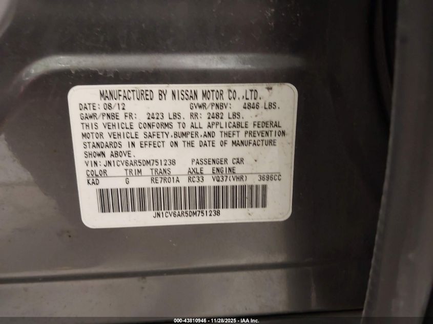 2013 Infiniti G37X VIN: JN1CV6AR5DM751238 Lot: 43810946