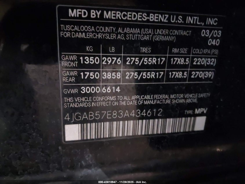 2003 Mercedes-Benz Ml 350 VIN: 4JGAB57E83A434612 Lot: 43810947