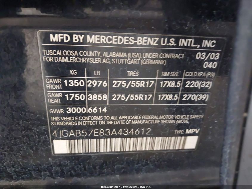 2003 Mercedes-Benz Ml 350 VIN: 4JGAB57E83A434612 Lot: 43810947