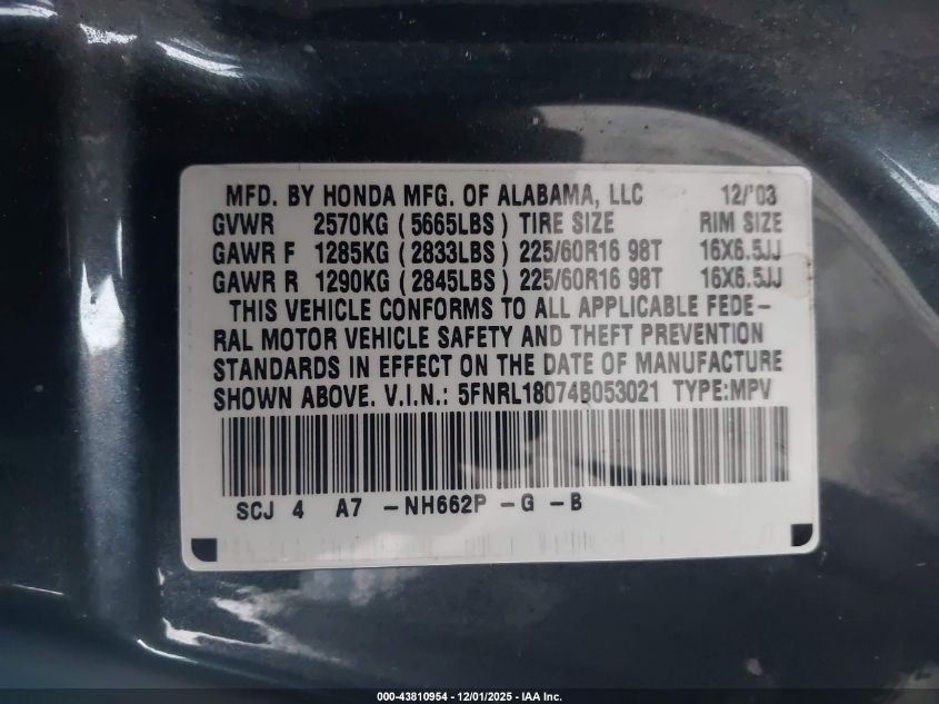 2004 Honda Odyssey Ex-L VIN: 5FNRL18074B053021 Lot: 43810954