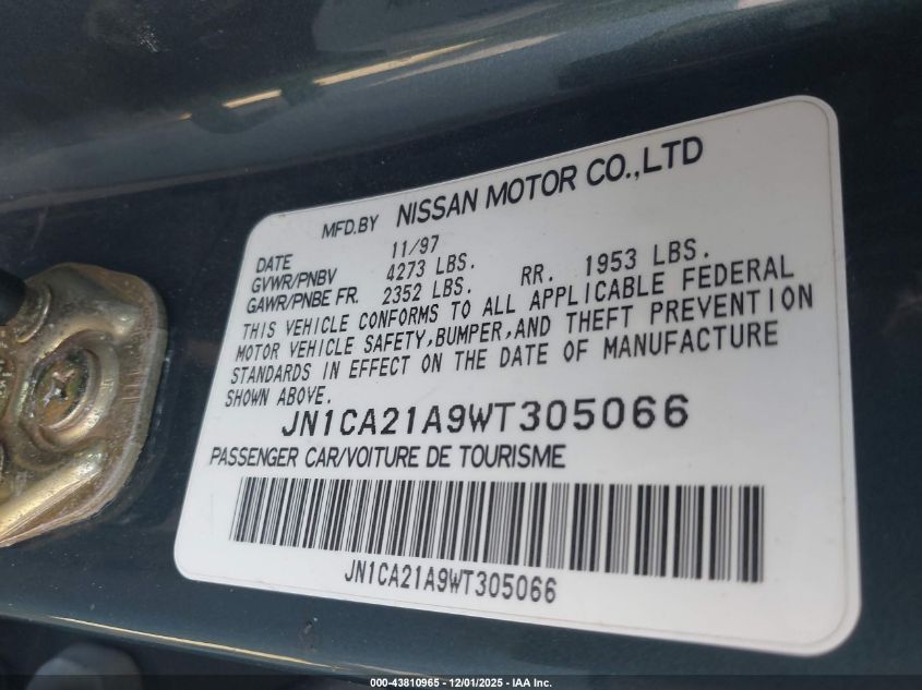 1998 Nissan Maxima Gle/Gxe/Se VIN: JN1CA21A9WT305066 Lot: 43810965