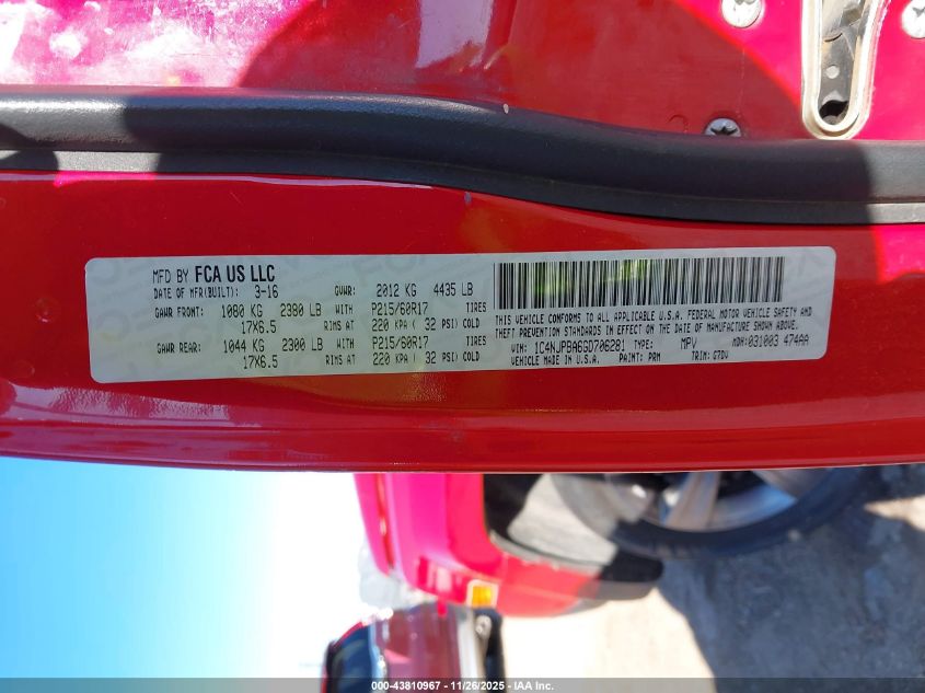 2016 Jeep Patriot Sport Se VIN: 1C4NJPBA6GD706281 Lot: 43810967