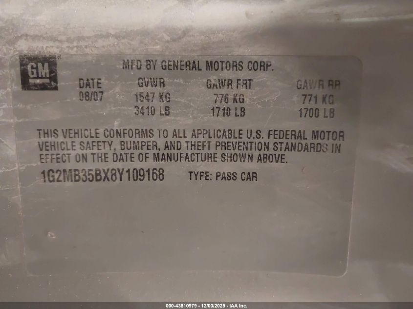 2008 Pontiac Solstice VIN: 1G2MB35BX8Y109168 Lot: 43810979