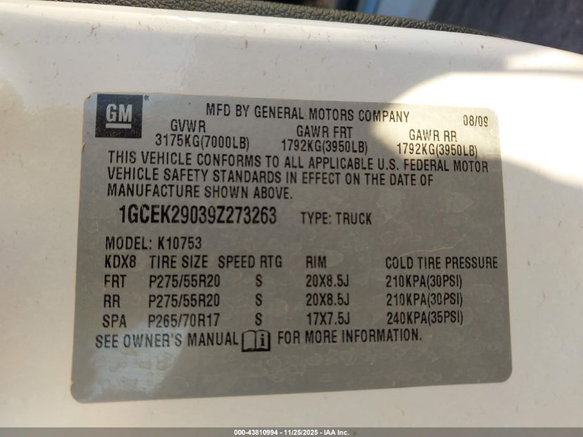 2009 Chevrolet Silverado 1500 Lt VIN: 1GCEK29039Z273263 Lot: 43810994