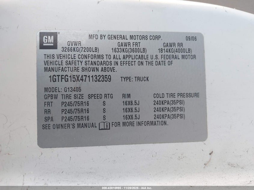 2007 GMC Savana Work Van VIN: 1GTFG15X471132359 Lot: 43810995