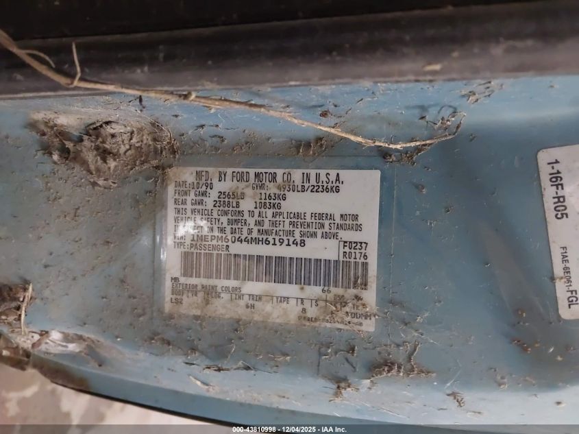 1991 Mercury Cougar Ls VIN: 1MEPM6044MH619148 Lot: 43810998