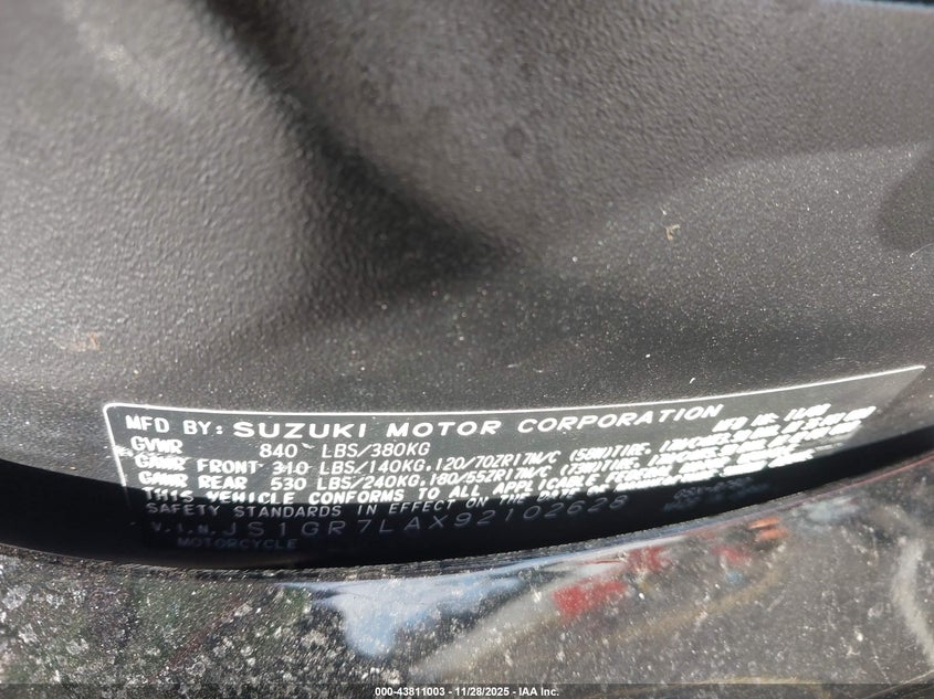 2009 Suzuki Gsx-R750 VIN: JS1GR7LAX92102628 Lot: 43811003