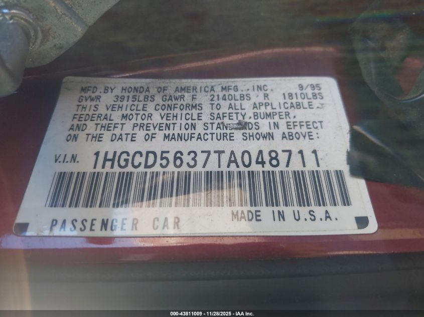1996 Honda Accord Lx/Ex VIN: 1HGCD5637TA048711 Lot: 43811009