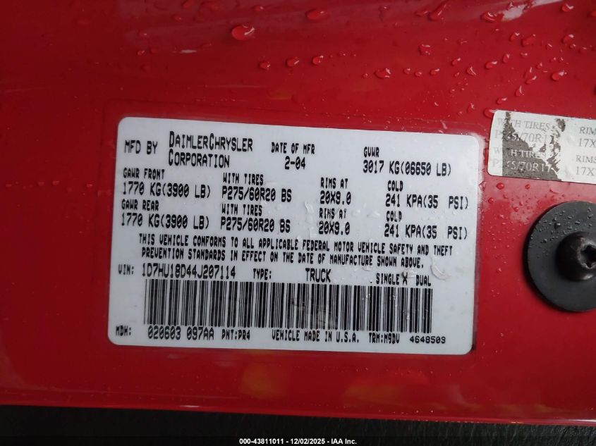 2004 Dodge Ram 1500 Slt/Laramie VIN: 1D7HU18D44J207114 Lot: 43811011