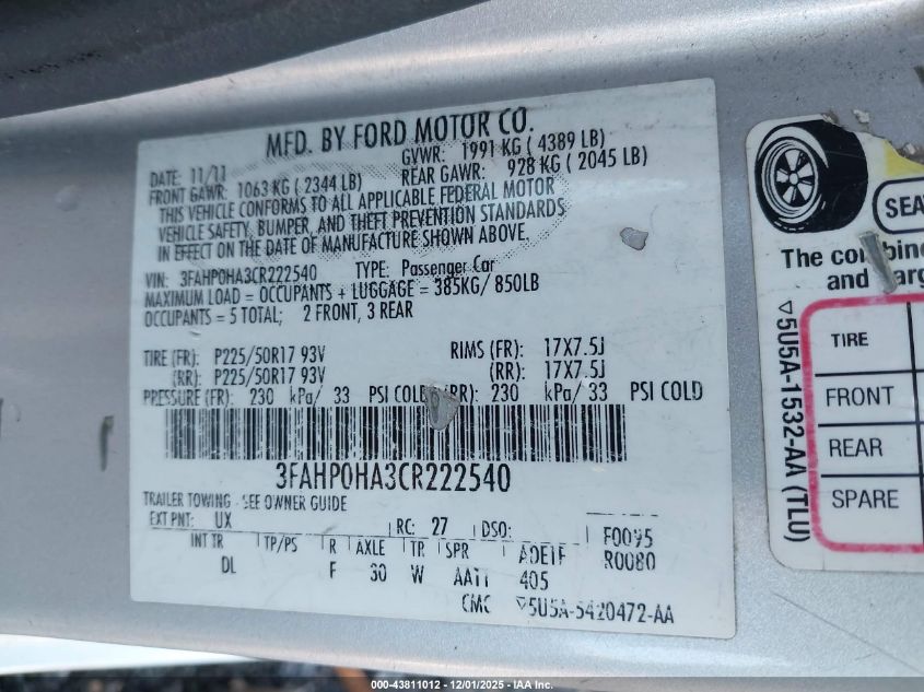 2012 Ford Fusion Se VIN: 3FAHP0HA3CR222540 Lot: 43811012